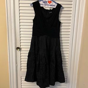 Wedding guest ready- the perfect black Vneck flair dress w/raised pattern skirt